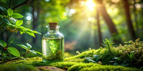 Magical potion in a glass bottle surrounded by lush greenery in a summer forest, magic, potion, glass bottle, enchanted