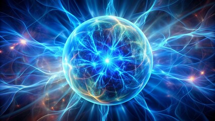 Fototapeta premium Vibrant blue orb radiates intense illumination, surrounded by swirling plasma tendrils, suspended against a dramatic, dark, and mysterious background.