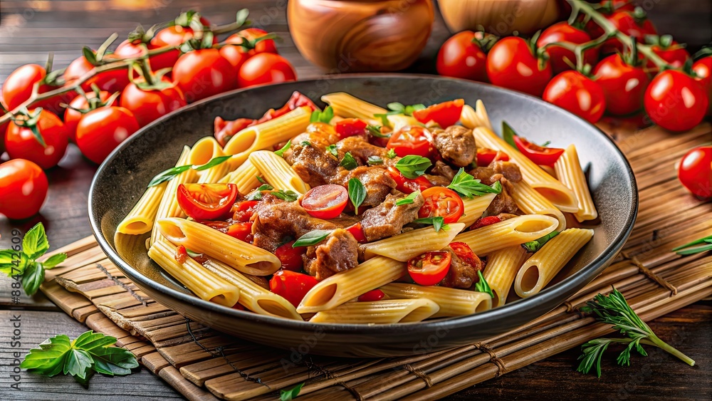 Poster Penne pasta in flavorful tomato sauce topped with juicy meat and cherry tomatoes, penne, pasta, tomato sauce, meat