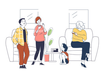 Family laughing concept. Child sits with his mother, father and grandmother in apartment. Relatives spend time together. Leisure indoors. Linear vector illustration isolated on white background