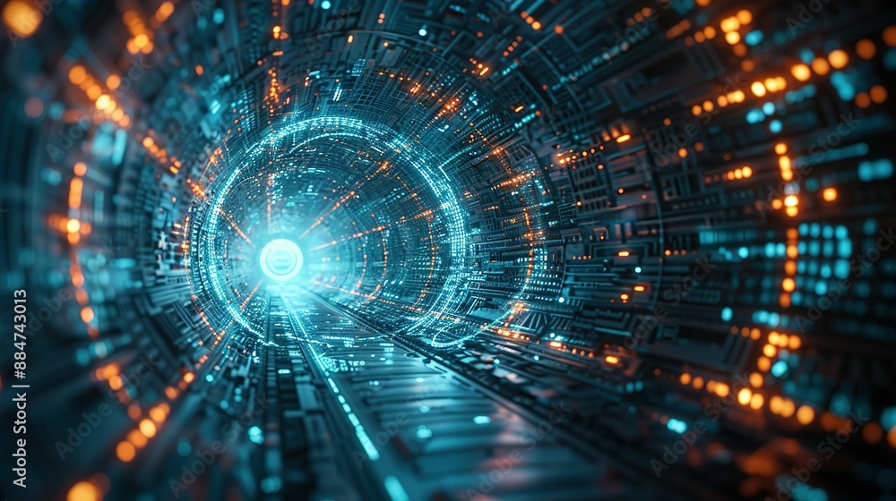Poster tech circles illuminated in darkness: 3d visuals of big data and technology