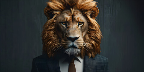 A lion wearing a business suit confidently stands against a dark background, symbolizing leadership and power. Perfect for marketing, presentations, and corporate branding.