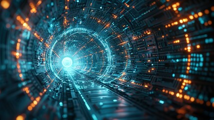 Tech Circles Illuminated in Darkness: 3D Visuals of Big Data and Technology