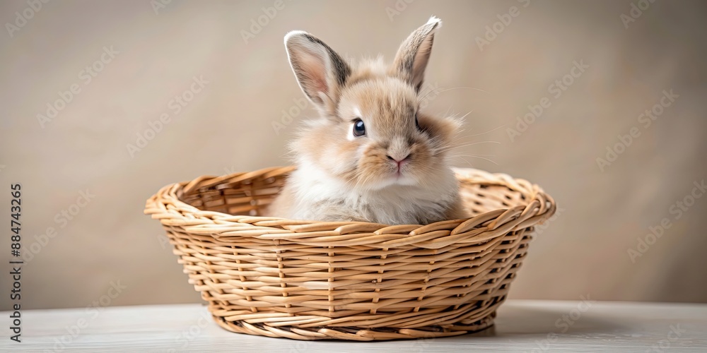 Wall mural Adorable fluffy bunny sitting in a basket , Easter, adorable, fluffy, fur, cute, rabbit, animal, pet, white, domestic, sweet