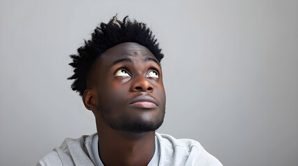 Fototapeta premium Contemplative young black man looking up against a gray background. Ideal for themes of thoughtfulness, inspiration, problem-solving, and mental well-being.
