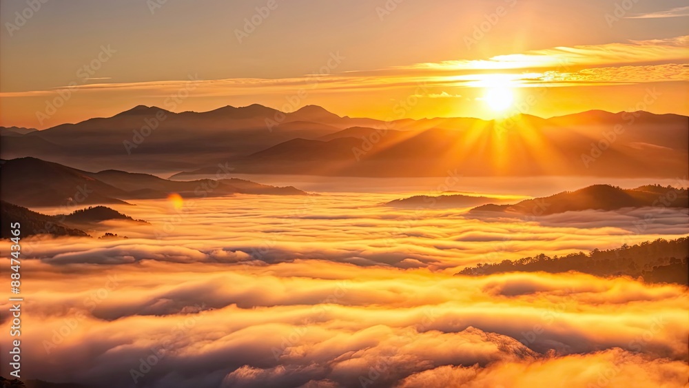 Poster Sunrise over misty mountains with golden fog , sunrise, mountains, mist, trees, fog, sunlight, golden, morning, scenic