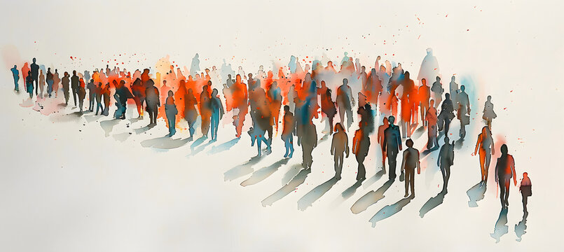 Abstract watercolor illustration of diverse crowd walking with vibrant colors. Perfect for social issues, community events, and art-themed marketing campaigns. Includes ample copy space.