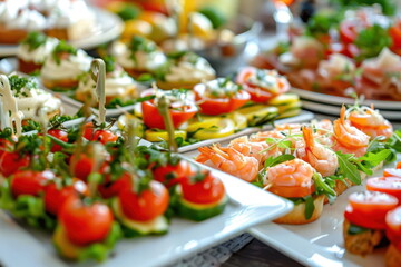Fototapeta premium Buffet food catering food party at restaurant mini canapes snacks and appetizers