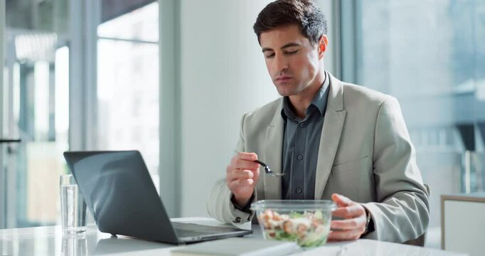 Business, laptop and man with food, eating and connection with research, salad bowl and hungry. Person, lunch break and employee with pc, internet and healthy meal with nutrition and online reading