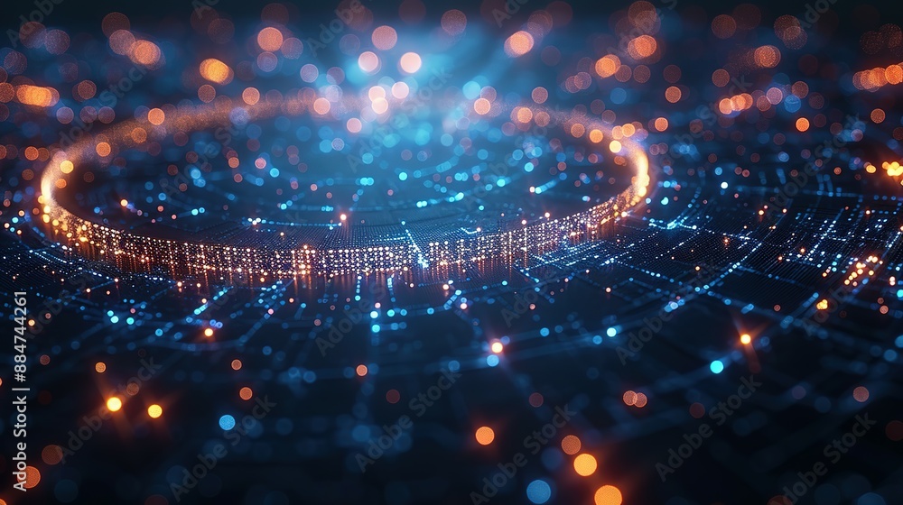 Poster tech circles illuminated in darkness: 3d visuals of big data and technology