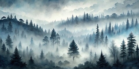 Ink painting of a misty forest , mist, forest, ink painting, landscape, nature, trees, fog, serene, tranquil, traditional