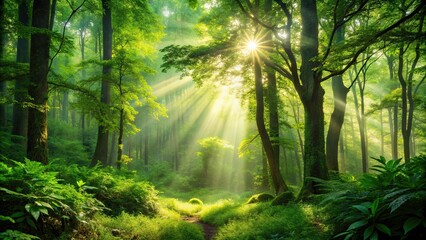 Obraz premium Background of lush green forest with trees, plants, and sunlight streaming through the leaves, forest, green, trees, plants