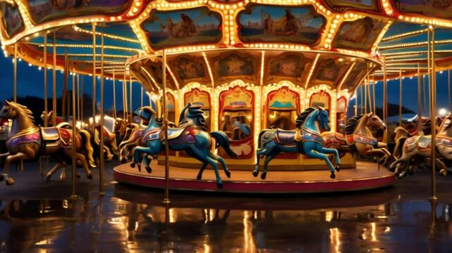 The carousel spins. The colors of the ride make it look happy and fun, like a fairground. This painting captures the beauty and enchantment of a carousel.