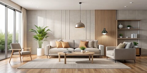 Modern living room with minimalist furniture and neutral color palette, modern, living room, minimalist, furniture