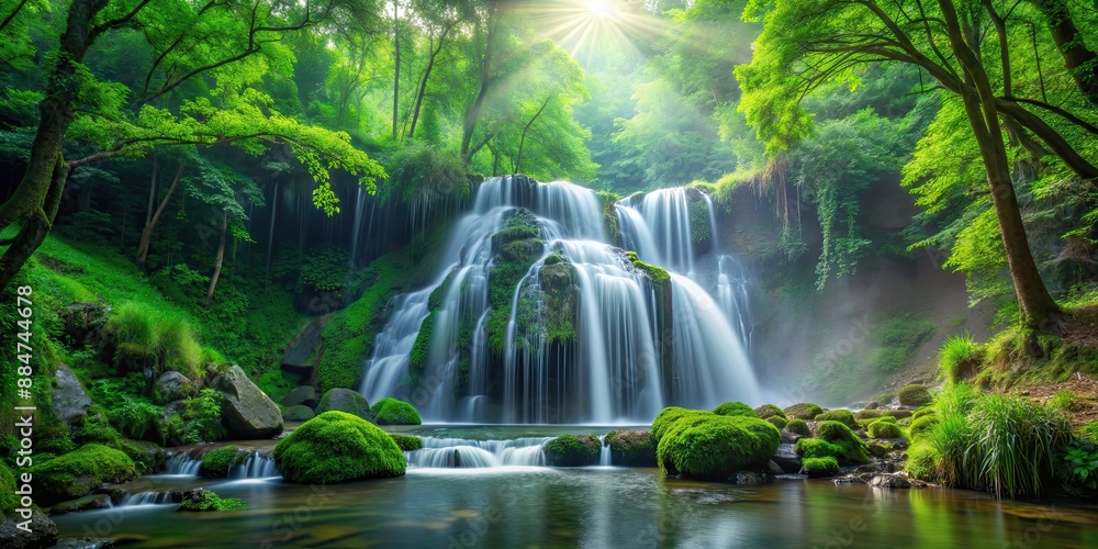 Canvas Prints Serene waterfall flowing through lush green forest , nature, scenery, landscape, tranquil, beauty, cascade, stream, jungle