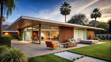Fototapeta premium Midcentury home with sleek lines and retro furniture, midcentury, home,sleek, lines, retro, furniture, interior, design