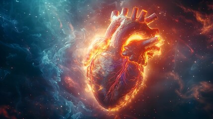 Obraz premium A heart is floating in space with a blue and orange background. The heart is surrounded by a lot of stars and is the main focus of the image. The image has a dreamy and ethereal quality to it.