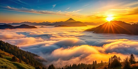 Sunrise casting a warm glow over a fog-covered mountain valley , sunrise, fog, mountain, valley, landscape, nature, mist, sun