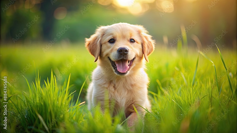 Canvas Prints Golden retriever puppy playing in a lush green field with a happy expression, golden retriever, puppy, dog, outdoor, field, playful