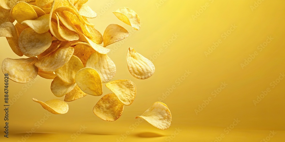 Sticker Falling potato chips isolated on yellow background. Flying crispy snacks, potato chips, falling, isolated, yellow background