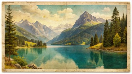 Scenic landscape with mountains and lake on vintage postcard, vintage, postcard, old, scenic, landscape, mountains, lake