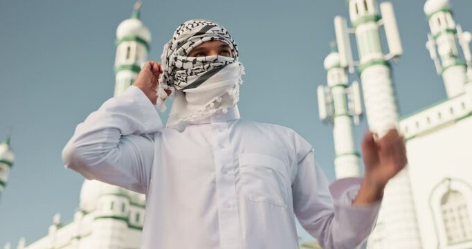 Islam, religion and face of man by mosque for worship, keffiyeh scarf and solidarity with Palestine. Muslim, Middle East and temple for hajj pilgrimage, faith and fabric for resistance symbol