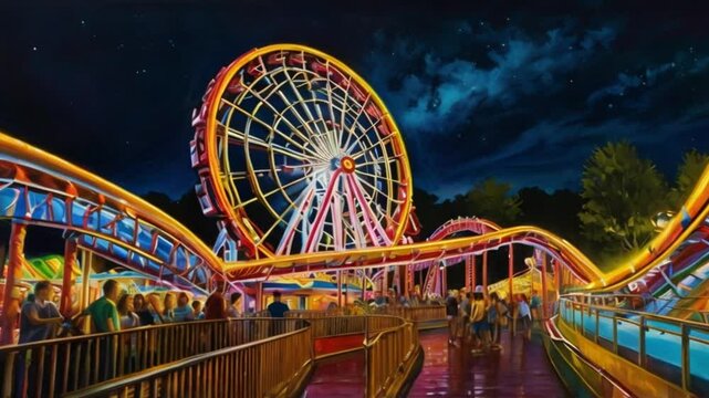 A rollercoaster with lots of twists and turns. The looping metal structure shines in the lights, creating a magical effect. This painting shows every detail of the ride, from the curves to the drops