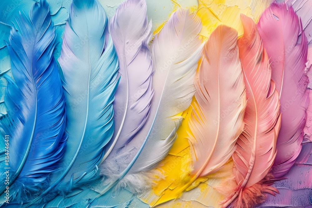 Poster vibrant multicolored feathers aligned in a row over a pastel textured surface