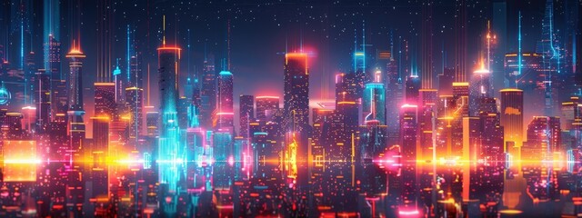 Fototapeta premium Futuristic Cyberpunk Cityscape at Night with Neon Lights and Reflection