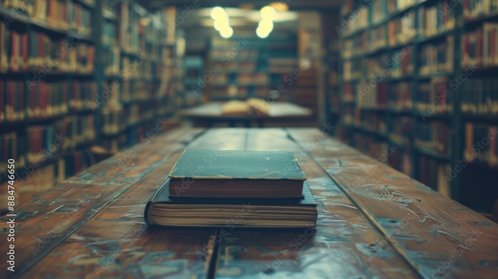 Poster old books stacked on a wooden table in a dimly lit library, creating a nostalgic and scholarly atmos