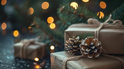 Christmas presents wrapped with twine and pinecones, with a backdrop of warm bokeh lights creating a festive atmosphere.