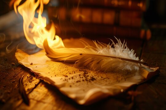 Vintage feather quill and burning parchment in a dramatic and warm setting - Powered by Adobe