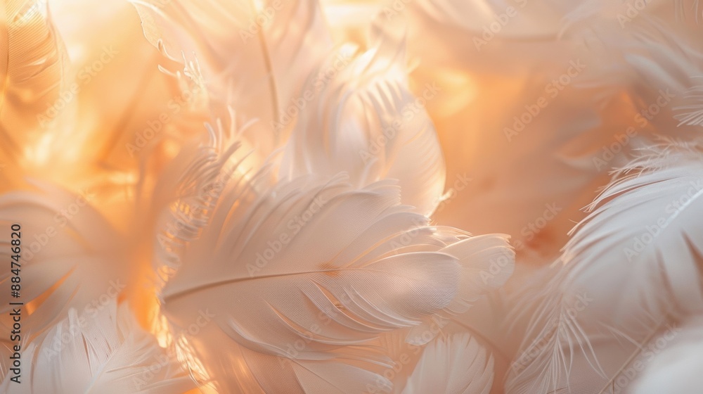 Poster a collection of soft white feathers illuminated by warm light, creating a delicate and ethereal atmo