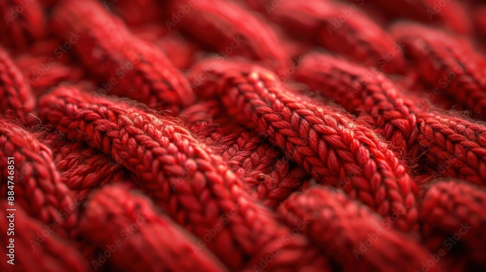 Poster close-up macro shot of red knitted fabric, showcasing detailed texture and intricate woven patterns 