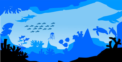 silhouette of fish and algae on the background of reefs. panoramic wallpaper with the underwater