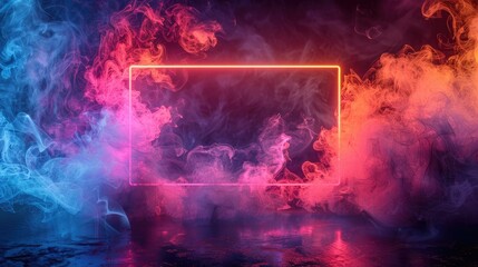 Fototapeta premium Glowing Neon Frame in Colorful Smoke - Abstract Background for Trendy Designs