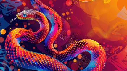 Fototapeta premium Colorful Vibrant Snake Illustration with Geometric Patterns in Abstract Background