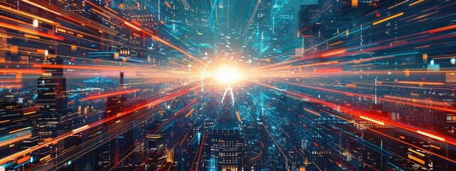Fototapeta premium Futuristic Cityscape with Blazing Light Trails and Neon Skyline at Night