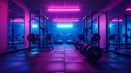 Obraz premium Wide angle photography of an empty modern gym room interior full of weights, bars and racks. Strong artificial purple lighting illuminating the room, nighttime shadows, no people, nobody