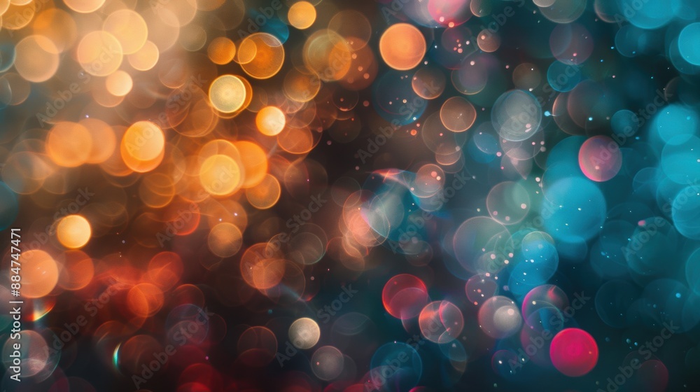 Poster vibrant bokeh lights in various colors, creating a dynamic and festive abstract background suitable 