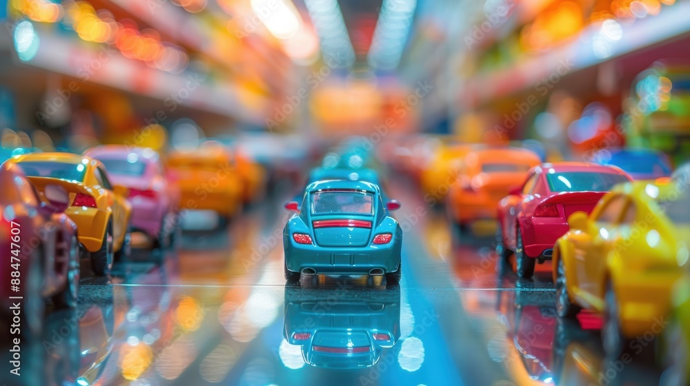 Poster a vibrant display of toy cars arranged in rows with a blurred background, capturing the essence of c