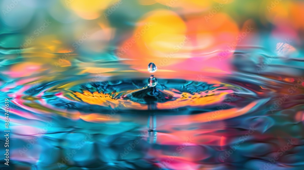 Poster a vibrant water drop splash creating ripples, with a colorful abstract background of bright hues and