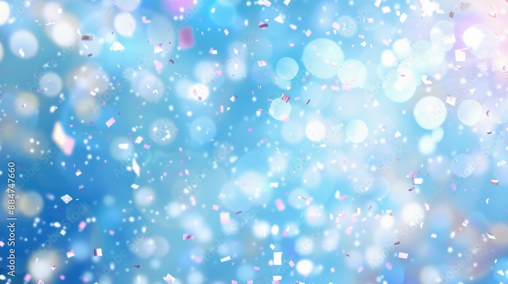 Poster a festive background with blue and white confetti falling, creating a celebratory and cheerful atmos