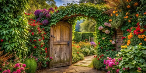 Enchanting old garden gate covered in Ivy and colorful flowers, garden, gate, ivy, flowers, vintage, antique, entrance
