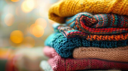A neatly stacked pile of colorful, cozy knitted sweaters, captured in warm, ambient lighting, perfect for showcasing winter fashion and comfort.