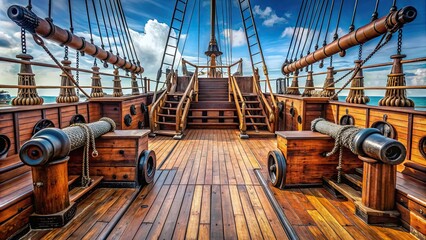 Naklejka premium Pirate ship deck with stairs leading to cannons, pirate ship, deck, stairs, cannons, pirate, ship, wooden, vintage, nautical