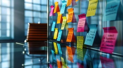 office featuring a glass wall with sticky notes in various colors, for brainstorming ideas session.  