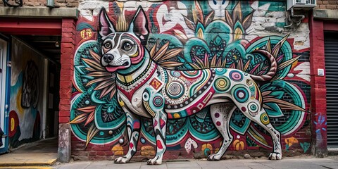 Vibrant and playful dog artwork with energetic street art style composition , colorful, graffiti, urban, fun, lively