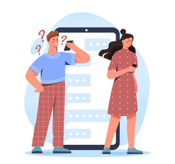 Man ignores woman. Young guy with phone does not notice young girl. Problems in relationships. Boyfriend read messages in social networks. Flat vector illustration isolated on white background