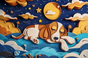A cute cartoon illustration of a sleeping dog on the moon surrounded by stars, featuring a playful and happy atmosphere.